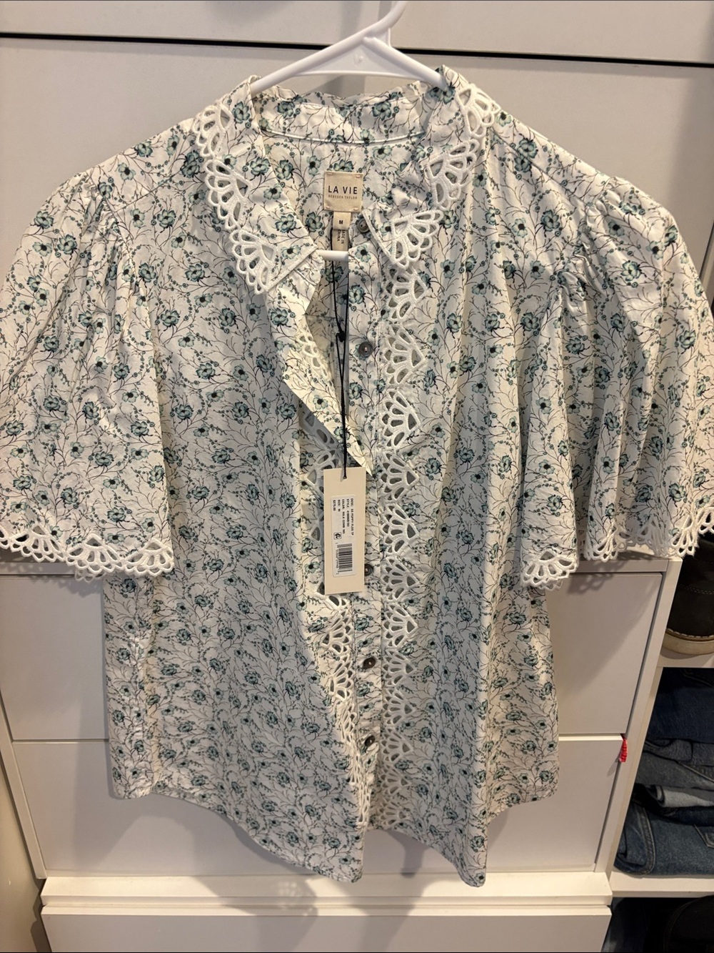 La Vie White Floral Lace-Trim Button Front Top